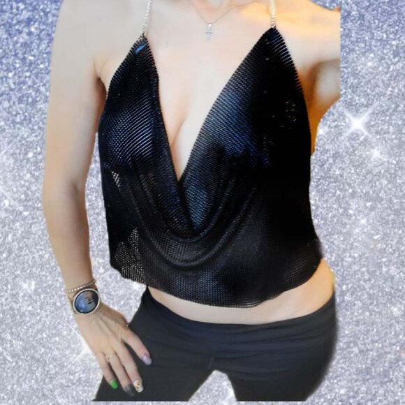 ✨🎉Black Metal Chain Sparkly Draped Jeweled Party Going out Cropped Top🎉✨ - Picture 6 of 8